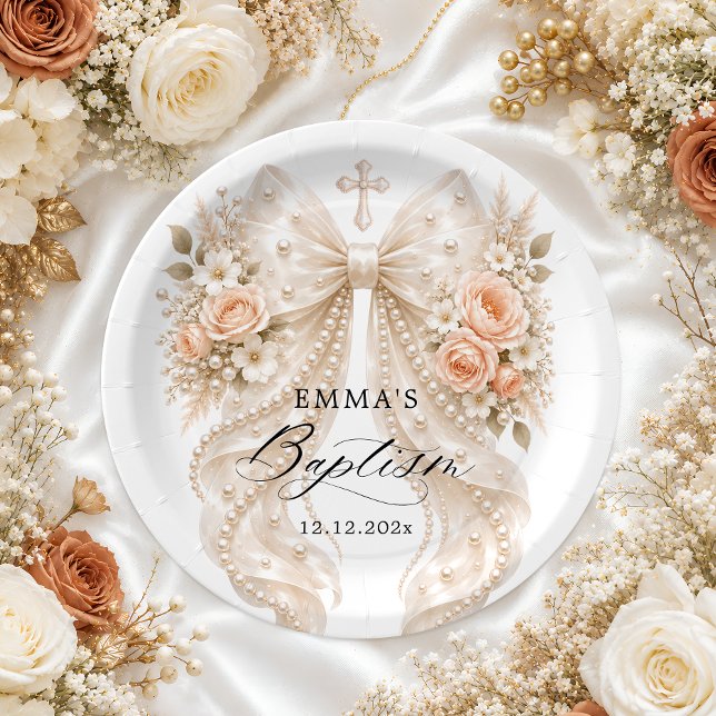 Baptism Floral Bow with Pearl  Paper Plate (Creator Uploaded)