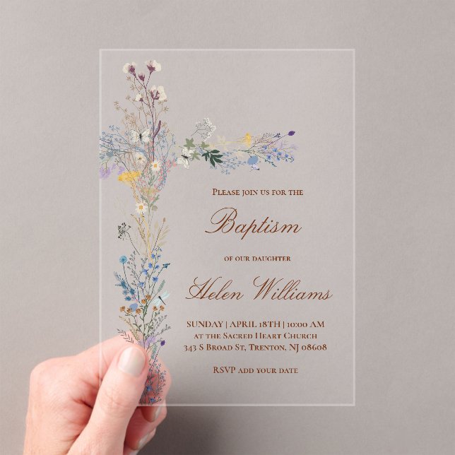 Baptism floral cross  acrylic invitations (Insitu (Handheld))