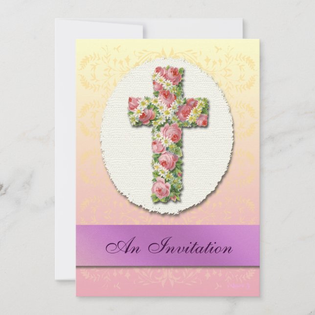 Baptism Floral Cross Pastel Custom Invitations (Front)