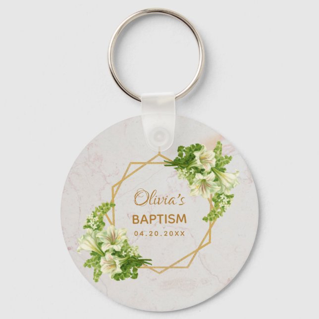 Baptism Floral Geometric White Lilies Gold Marble Key Ring (Front)