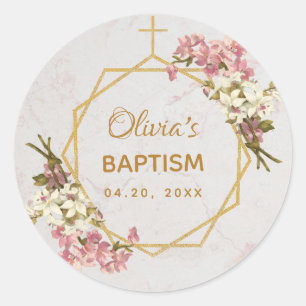Baptism Floral Gold Pink Orchids Marble Geometric Classic Round Sticker