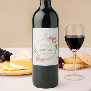 Baptism Floral Gold Pink White Orchids Marble Wine Label