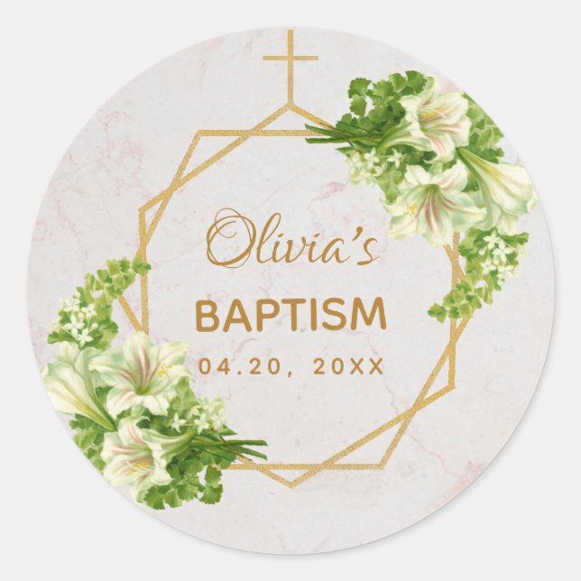 Baptism Floral Gold White Lilies Marble Geometric Classic Round Sticker (Front)
