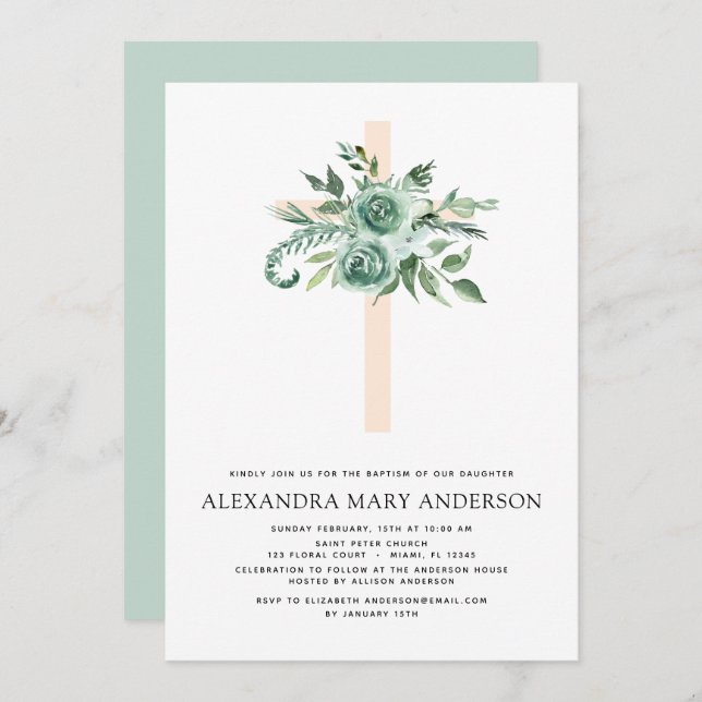 Baptism Floral Greenery Sage Eucalyptus Invitation (Front/Back)