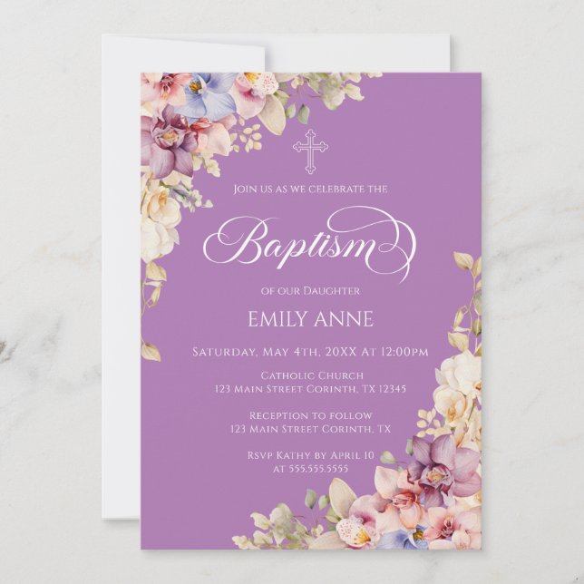Baptism Floral Orchids purple Invitation (Front)