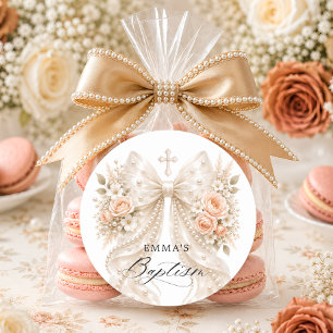 Baptism Floral Pearl Bow  Classic Round Sticker