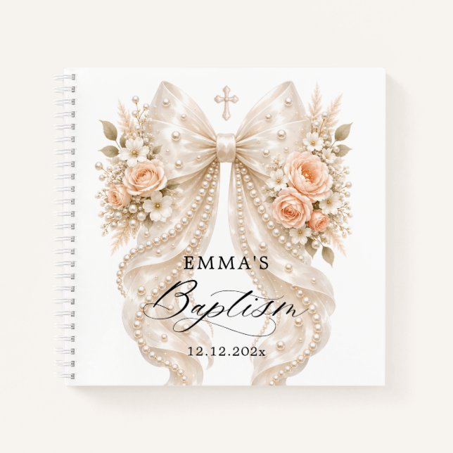 Baptism Floral Pearl Bow Notebook (Front)