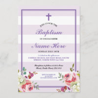 Baptism Floral Purple Stripe Girl's Invitation