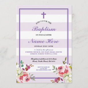 Baptism Floral Purple Stripe Girl's Invitation