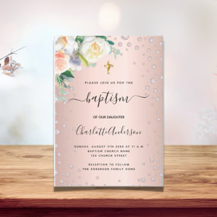 Baptism floral rose gold pink girl elegant invitation