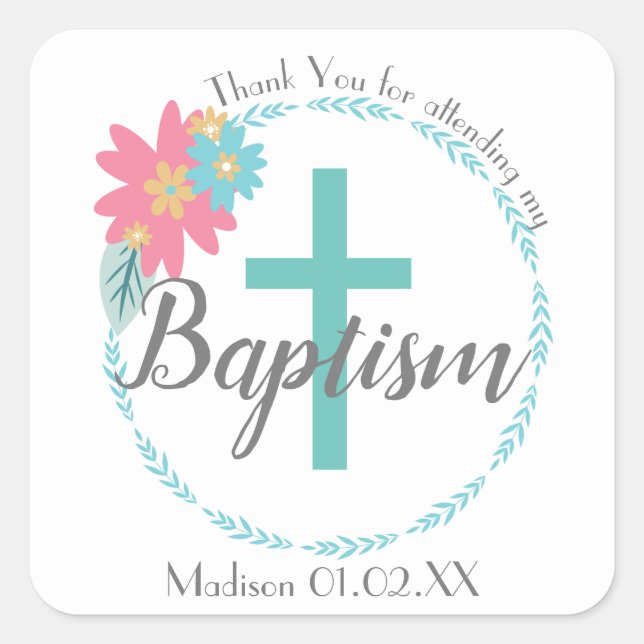 Baptism Floral Wreath Cross Spring Child's Name Square Sticker (Front)