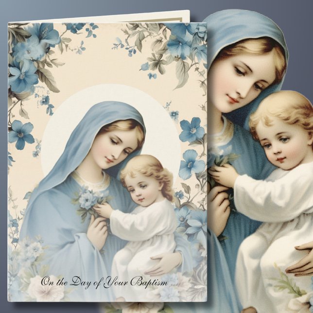 Baptism For Baby Blessed Mary Blue Floral Card (Creator Uploaded)