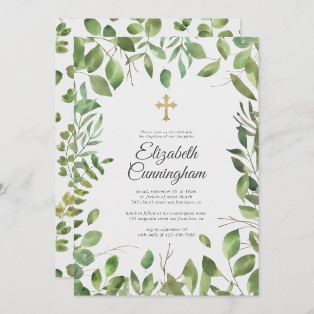 Baptism For Her | Gold Cross Greenery Foliage Leaf Invitation (Front/Back)