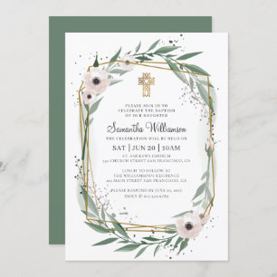 Baptism For Her Modern Geometric Floral Cross Invitation