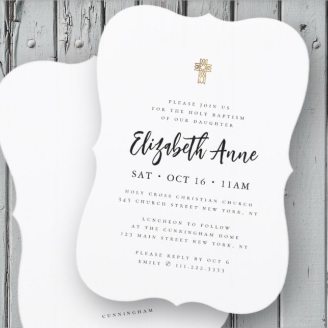 Baptism For Her Modern Minimalist Gold Cross Invitation (Creator Uploaded)