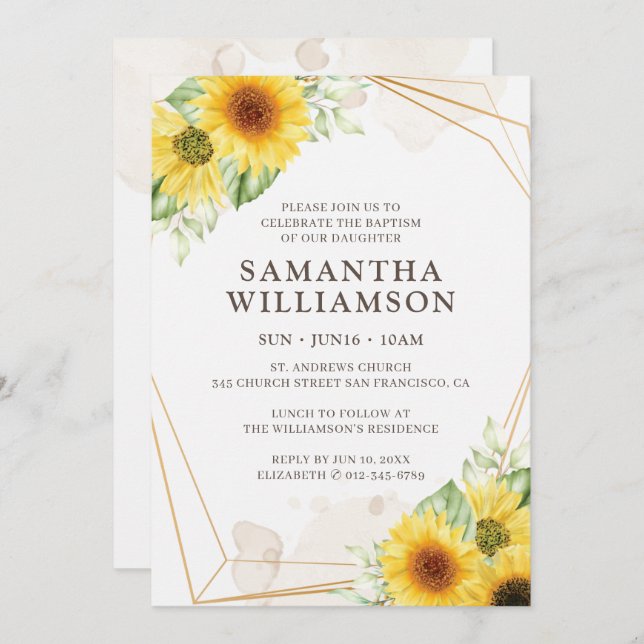 Baptism For Her Sunflower Floral Geometric Invitation (Front/Back)
