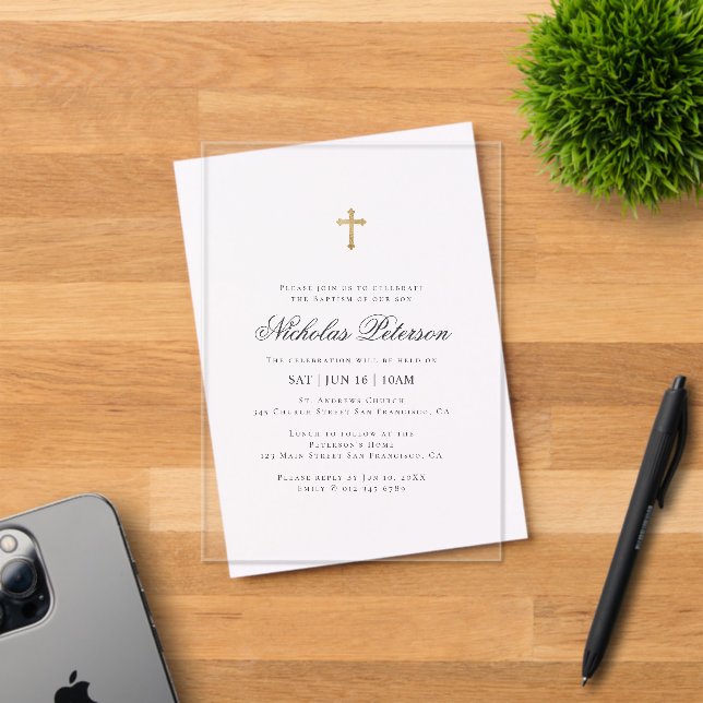 Baptism For Him | Minimalist Gold Cross Acrylic Invitations (Insitu (Invitation Card))