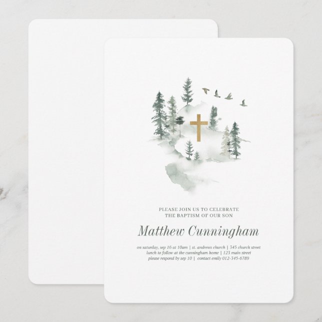 Baptism For Him | Modern Elegant Botanical Photo Invitation (Front/Back)