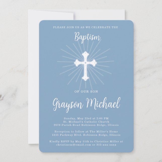 Baptism for Son Dusty Blue Cross Invitation (Front)
