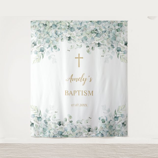 Baptism Girl Backdrop - Greenery Eucalyptus & Gold Tapestry (Front)