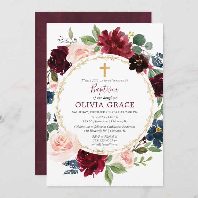 Baptism girl burgundy blush navy blue gold elegant invitation (Front/Back)