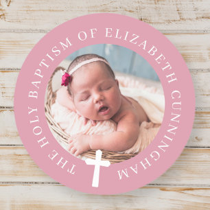 Baptism Girl   Custom Photo and Simple Cross Classic Round Sticker