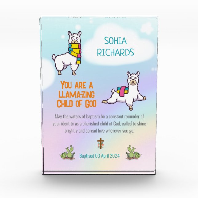 Baptism Girl Cute Llama Theme  Photo Block (Front)