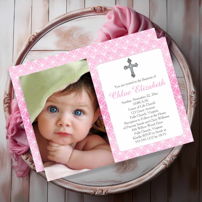 Baptism | Girl Eternity Rings Crosses Photo Invitation (Baptism Girl Eternity Rings Elegant Silver Cross Photo Invitation - Print and/or Digital Download)