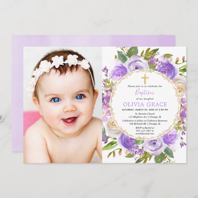 Baptism girl floral purple lavender lilac photo invitation (Front/Back)
