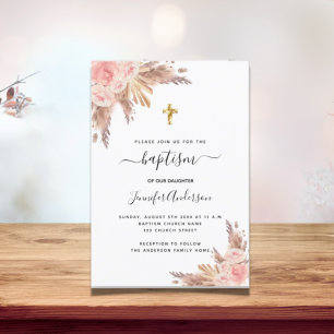 Baptism girl pampas grass rose gold blush pink invitation