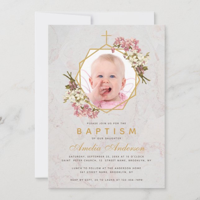 Baptism Girl Photo Floral Gold Pink Orchids Marble Invitation (Front)