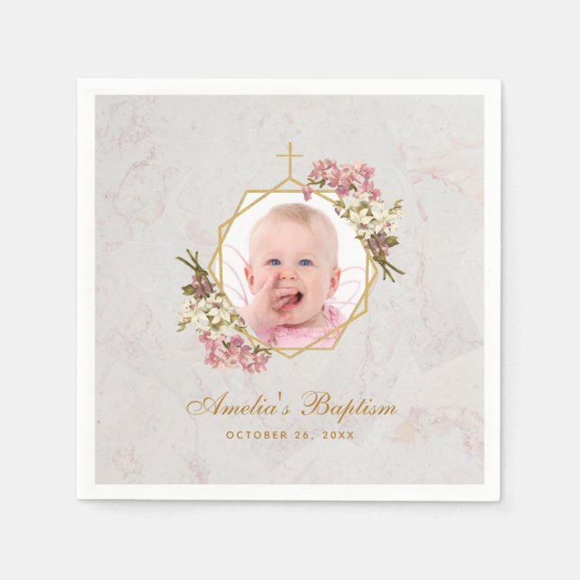 Baptism Girl Photo Marble Pink Orchids Gold Floral Napkin (Front)