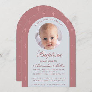 Baptism Girl Photo Modern Arch Dusty Rose Script   Invitation