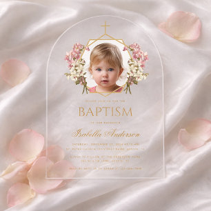 Baptism Girl Photo Pink and Gold Floral Geometric Acrylic Invitations