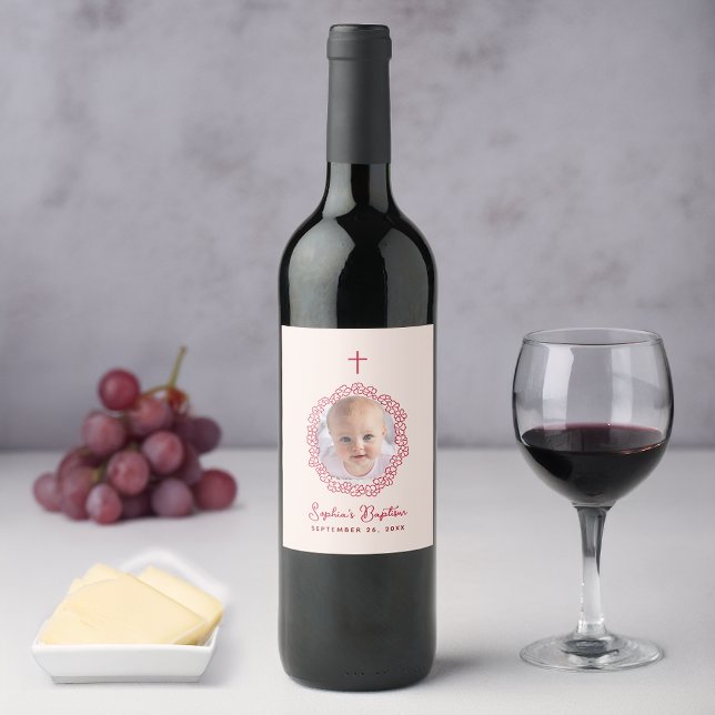 Baptism Girl Photo Pink and Red Floral Wreath Wine Label (Creator Uploaded)