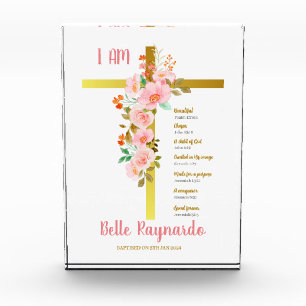 Baptism Girl Pink And Red Flowers On Cross  Photo Block