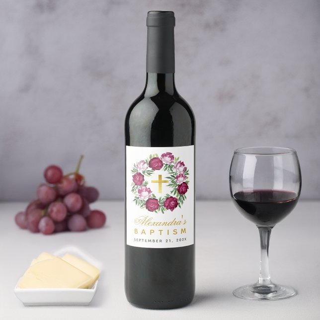 Baptism Girl Pink Burgundy Floral Wreath Faux Gold Wine Label (Creator Uploaded)