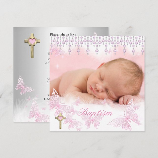 Baptism Girl Pink Silver Butterfly Cross Invitation (Front/Back)
