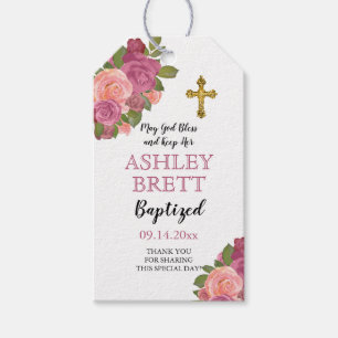Baptism   Girl Pink Watercolor Rose Floral   Cross Gift Tags