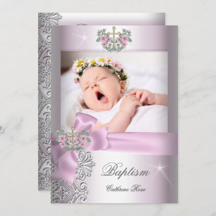 Baptism Girl Pink White Lace Photo Christening Invitation