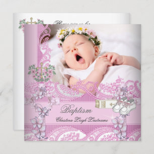 Baptism Girl Pink White Photo Christening Invitation