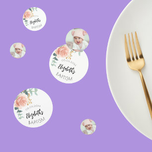 Baptism girl rose gold flower photo confetti