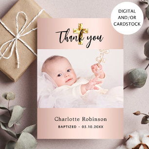 Baptism girl rose gold photo thank you card