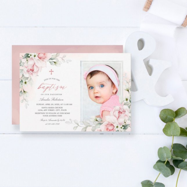 Baptism Girls | Photo Pink Watercolor Invitation (Creator Uploaded)
