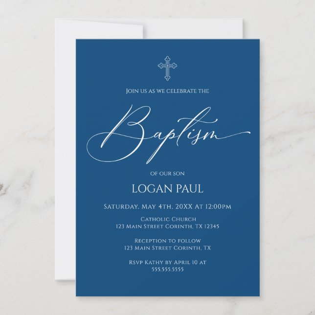 Baptism God Bless Blue Invitation (Front)