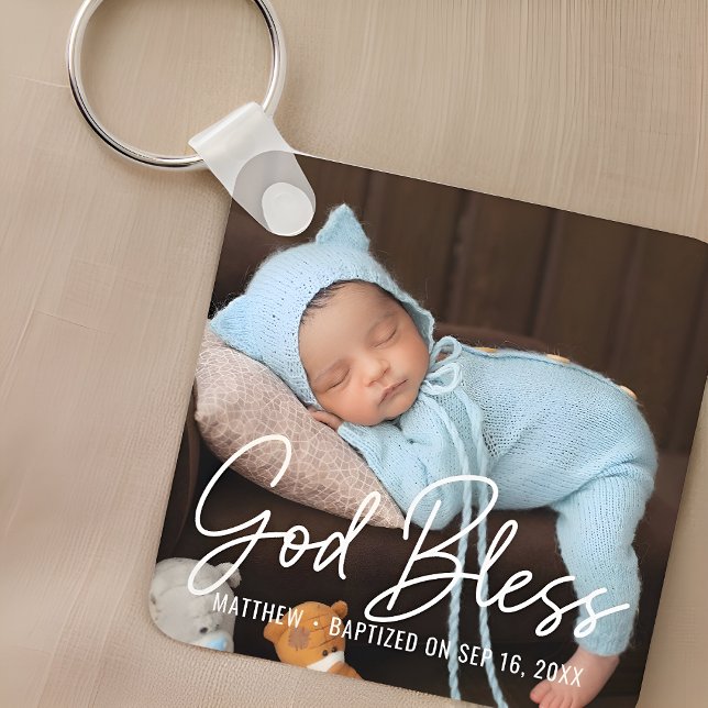 Baptism God Bless Simple Elegant Modern Baby Photo Key Ring (Creator Uploaded)