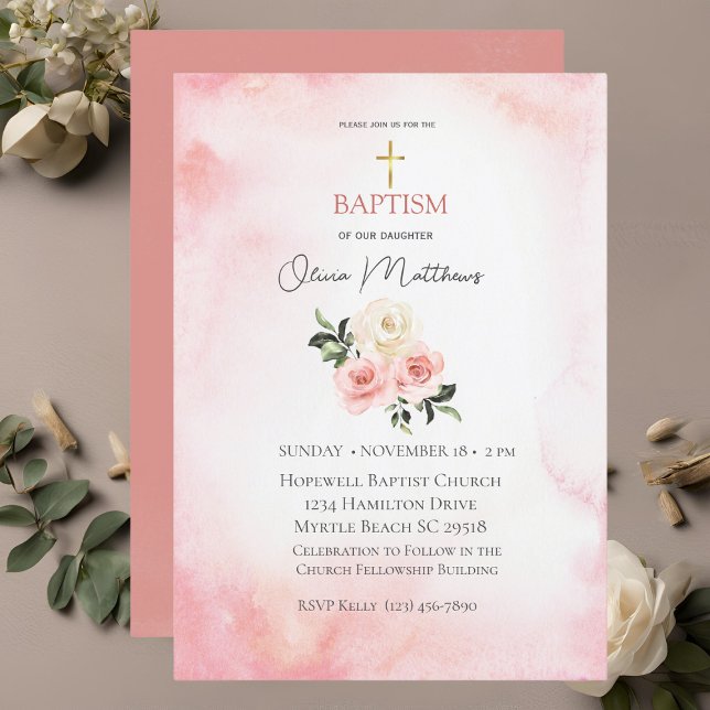  Baptism Gold Cross Pink Floral Invitation (Creator Uploaded)