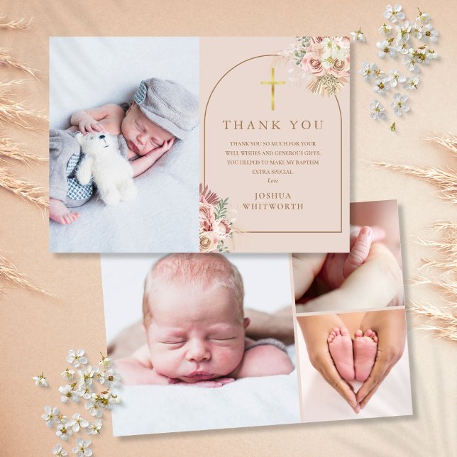 Baptism Gold Pampas Grass Photo Collage Thank You Card (Baptism Gold Pampas Grass Photo Collage Thank You Card)