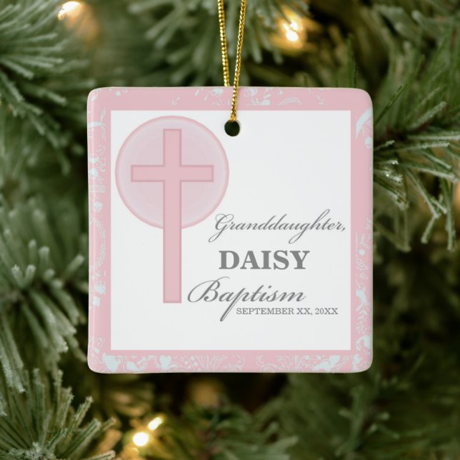 Baptism Granddaughter Pink Lace Personalised Ceramic Ornament (Tree)
