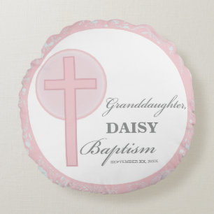 Baptism Granddaughter Pink Lace Personalised Round Cushion
